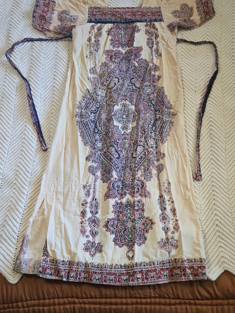 Vintage Bohemian Cream Printed Hippie Maxi Dress with Paisley Motif